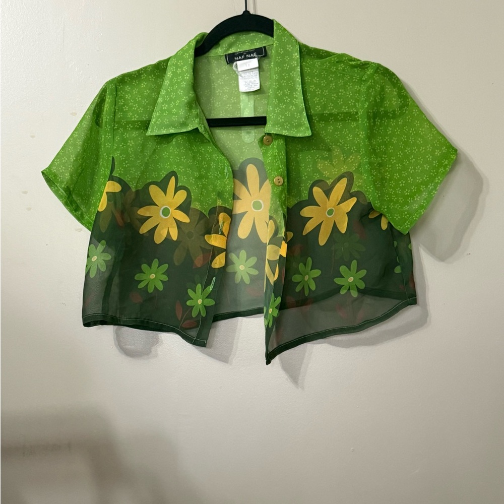 NAF NAF Green Sheer Floral Crop Button-Up Top vintage boho Y2K